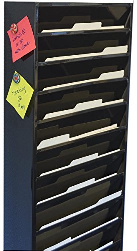 File Folder Wall Rack, 20 Pockets, Tiered, Office and Medical Charts (Black, Powder Coated Steel)