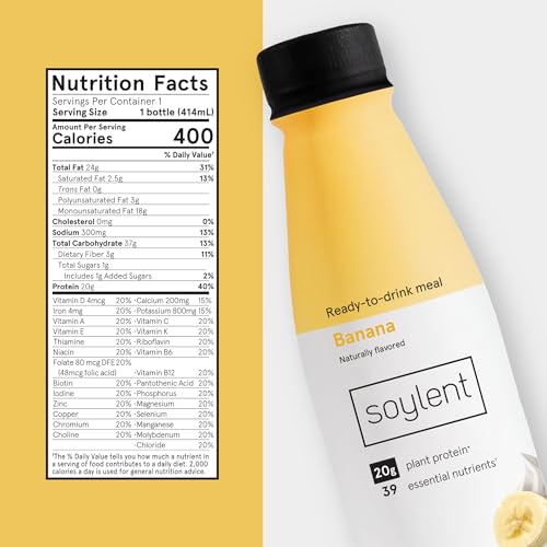 Soylent Banana Meal Replacement Shake, Ready-to-Drink Plant Based Protein Drink, Contains 20g Complete Vegan Protein and 1g Sugar, 14oz, 12 Pack