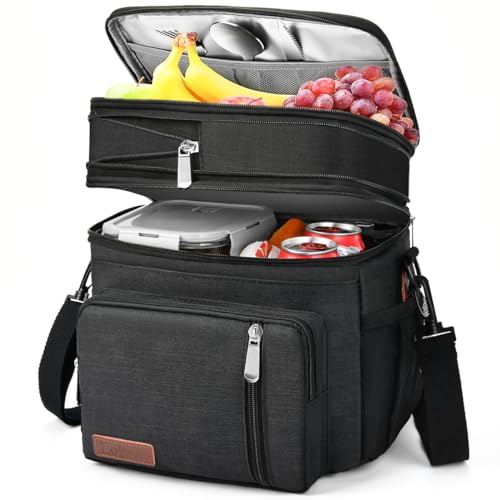 LOKASS Lunch Bag & Lunch Box for Men Women - Double Deck Expandable Insulated Waterproof Leakproof Cooler Bag for Work/Picnic - Grey