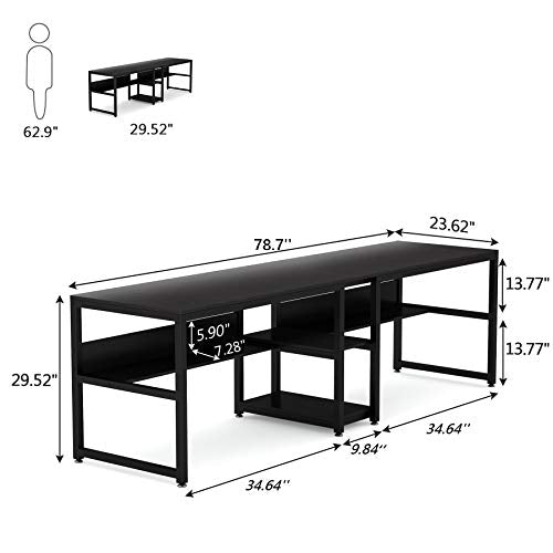 Tribesigns Two Person Desk with Bookshelf, 78.7 Computer Office Double Desk for Two Person, Rustic Writing Desk Workstation with Shelf for Home Office (Black)
