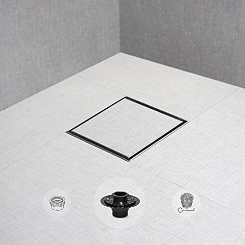 SaniteModar Shower Drain 4 inch with Shower Drain Base,Shower Drain with Tiled Stealth and 304 Stainless Steel Brushed Chrome 2 in 1 Panels,Includes Hair Strainer and Threaded Adapter…