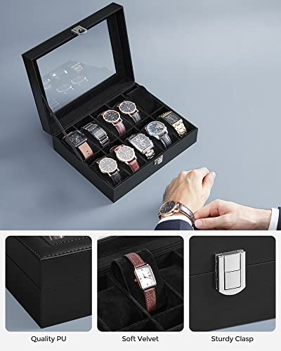 SONGMICS Watch Box, 10-Slot Watch Case with Large Glass Lid, Removable Watch Pillows, Watch Box Organizer, Gift for Loved Ones, Black Synthetic Leather, Black Lining UJWB010B02