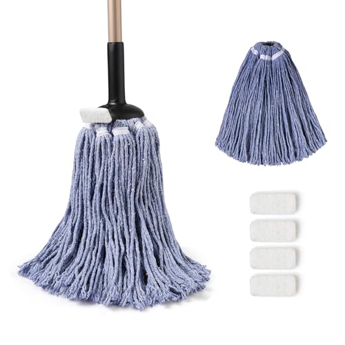 Eyliden String Mop with 2 Reusable Heads, Non-Touch Replacement Mops for Floor Cleaning, 4 Scouring Pads Adjustable Handle Floor Mop, Wet and Dry Cotton Mop for Any Surfaces, Commercial Home, Blue