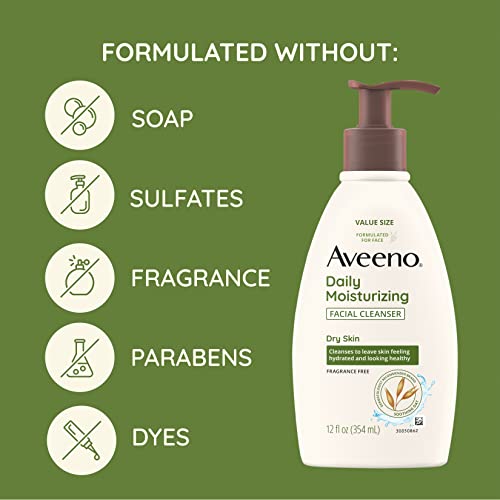 Aveeno Daily Moisturizing Facial Cleanser for Dry Skin, Gentle Face Cleanser with Soothing Oat for Skin that Feels Soft & Supple, Removes Dirt, Oil and Impurities, Fragrance Free, 12 FL OZ