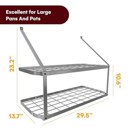 Vdomus Hanging Pot Rack - Rustproof Wall Mounted Pot Rack Pan Hanger for Kitchen Storage & Organization - Durable, Thick Iron Material - Easy Setup 2-Tier Pot Shelf Wall Mount Pot Holder - Black