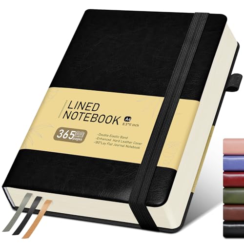 Lined Journal Notebook with 365 Pages, Hardcover Leather Journal for Women Men, A4 Large College Ruled Journaling Notebooks for Writing, Thick Journals for Work School Note Taking 8.5'' X 11'', Black