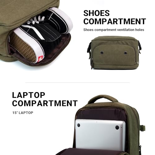 KAUKKO Thick Canvas Travel Backpack, Flight Approved Carry On Backpack with Shoe Pouch and 15.6 inch Laptop Compartment, 40L Luggage Casual Daypack Weekender Bag 10-ARMYGREEN