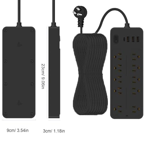 Asamoom 15 FT 14-in-1 Power Strips with Surge Protection 1700J,10 Outlets with 4 USB Ports (1 USB C) Long Extension Cord with Multiple Outlets 16Awg 1625W/13A Flat Plug Power Strip Protector Black
