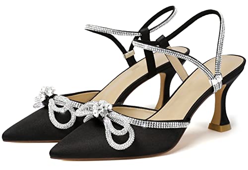 Susanny Wedding Shoes for Women Low Heel Bridal Shoes Bow Heels Pumps Denim Rhinestone Heels Bride Party Bridesmaid Evening Dress Homecoming Shoes 6.5