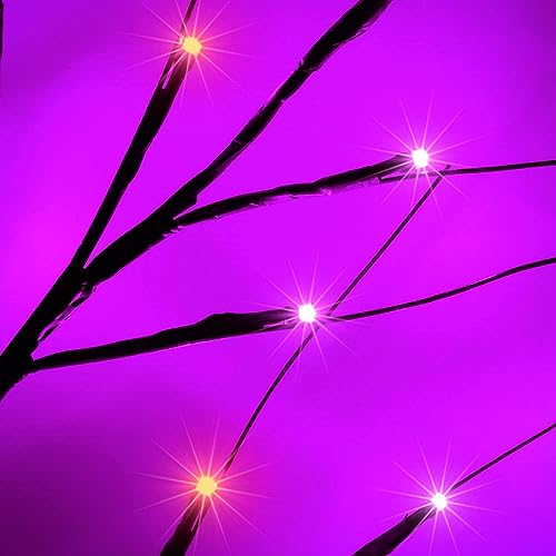 Halloween Decorations Indoor, 2-Pack 2FT Lighted Black Halloween Tree with 48 LED Orange & Purple Lights, Timer Function Battery Operated Halloween Trees Lights Spooky Tree for Tabletop Home Party