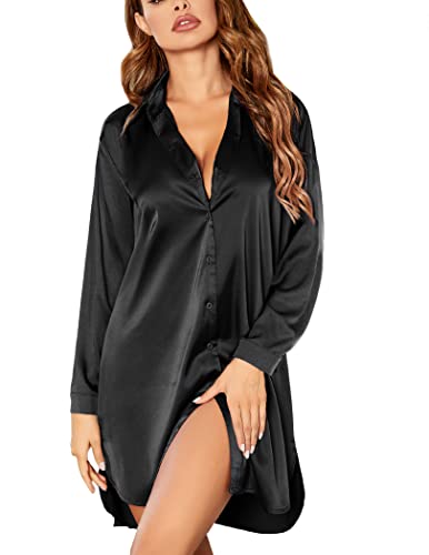 Ekouaer Sleepdress for Ladies Silky Satin Nightgown Unique Notch Collar Sleepshirts Black Small