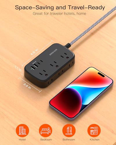 BESHON 15 FT Flat Plug Power Strip with USB C, 6 Outlets, No Surge Protector for Dorm Room, Black