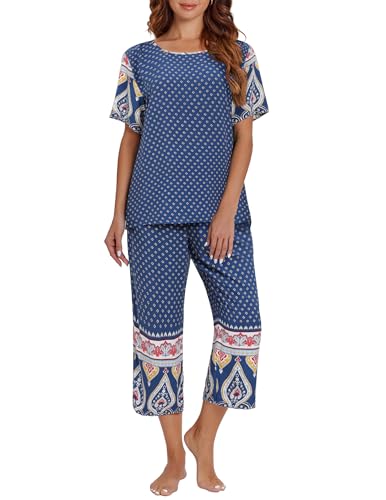 Ekouaer Women's Capri Pajama Sets Short Sleeve Shirt and Capri Pants Mumu Pajama with Pockets Sleepwear Pjs Sets