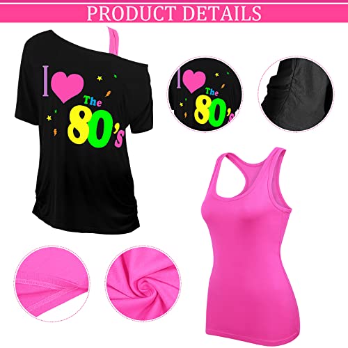 Didaey I Love The 80's Disco 80s Costume Print Off Shoulder Tops Tank Top Headband Earring Necklace Legwarmers Fishnet Gloves (Rose Red,Small)