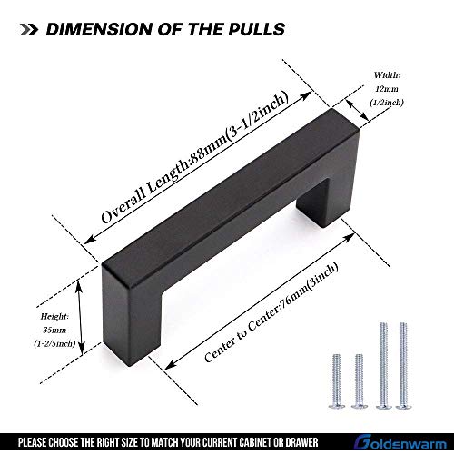Goldenwarm 50 Pack Black Square Bar Cabinet Pull Drawer Handle Stainless Steel Modern Hardware for Kitchen and Bathroom Cabinets Cupboard, Center to Center 3-3/4in (96mm)