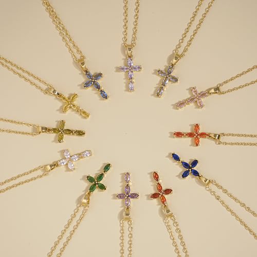 Cross Necklace for Women Dainty Gold Cross Birthstone Necklace 14K Gold Plated Cross Pendant Necklaces for Women Trendy Gold Jewelry Gifts