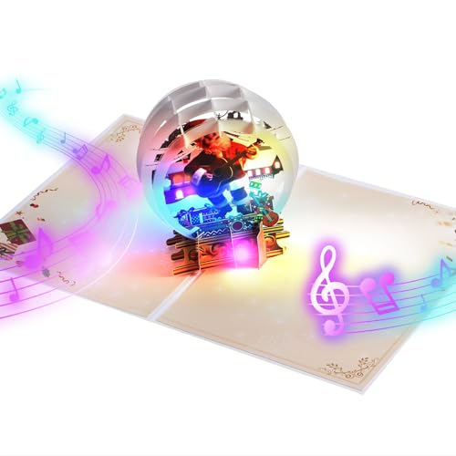 APOTODITO Pop Up Christmas Cards with Santa Claus Playing Guitar, Christmas Gifts with Music and Light, 3d Musical Greeting Card for Christmas Holiday New Year, Christmas Gift for Kids Family