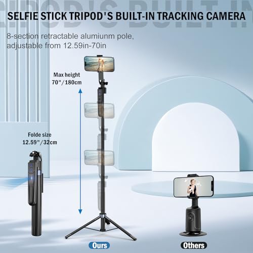 Auto Face Tracking Tripod 360 Rotation with Stand,Android and iPhone Tripod Holder with Remote and Gesture Control, No App,Built-in Tracking Camera Selfie Stick Tripod for Vlog Video Recording Tiktok