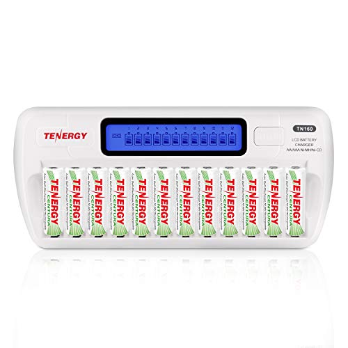 Tenergy 12 Pack Centura AA Rechargeable Batteries and TN160 12-Bay Smart Battery Charger, 12 Pack AA Low Self-Discharge Batteries and Charger for Remote Controllers, Toys, and More
