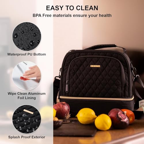 Everfun Insulated Lunch Bag for Women Double Deck Lunch Box 15 Can Leakproof Portable Reusable Tote Bag Lunch Cooler for Work, Black