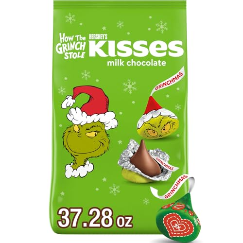 HERSHEY'S KISSES Grinch Milk Chocolate, Christmas Candy Bulk Bag, 37.28 oz