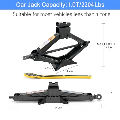 Car Jack Kit, Scissor Jack for Car, Max 1 Ton(2,204lbs) Capacity Car Jack Tire Jack Tool Kit with Saving Effort Ratchet Handle, Steel Scissor Lift Jack Car Kit for Auto