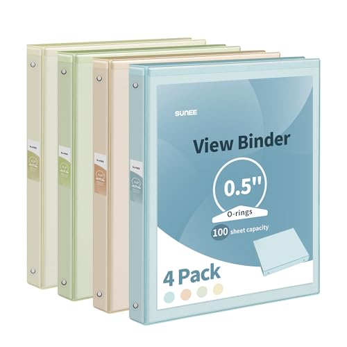 SUNEE 3 Ring Binder 1/2 Inch 4 Pack, Clear Half Inch View Binder Three Ring 0.5" PVC-Free (Fit 8.5x11 Inches) for School Slim Binder or Office Thin Binder Supplies, Neutral Aesthetic Binder