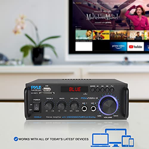 Pyle Stereo Power Amplifier 200 W Peak w/ Bluetooth Wireless, LED Display, Dual Channel Audio Stereo Receiver w/ RCA, USB, SD, MIC in, FM Radio, Perfect For Home Computer via RCA, PDA29BU.5