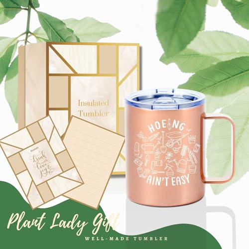 Onebttl Gardening Gifts for Women, Plant Lover Gifts for Gardening Lovers, Gardeners, Wife, Mom, 12oz Stainless Steel Coffee Mug Rosegold - Hoeing Ain't Easy