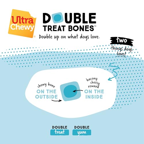 Ultra Chewy Double Treat Bones: Long-Lasting Dog Treats Made in USA for Large and Small Breeds, Highly Digestible, Ideal for Aggressive Chewers (Bacon & Cheese, 24 Count)