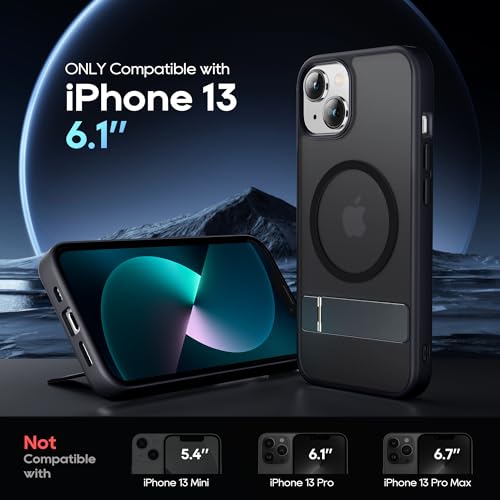 Niunisi Magnetic Case for iPhone 13 Case 6.1-Inch, Slim Kickstand with Screen Protector Compatible with Magsafe Shockproof Translucent Matte Cases Phone Case Cover, Black