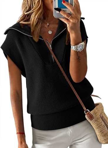 Dokotoo Women's Casual Sleeveless Half Zip Pullover Sweaters Solid V Neck Collar Ribbed Knitted Loose Sweaters Cute Sweater Womens Summer Tops Black Small