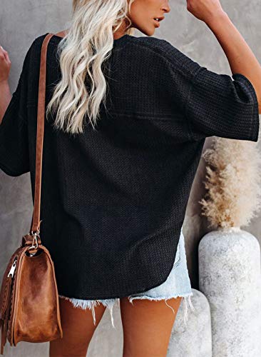 Dokotoo Womens Summer Casual Ladies V Neck Short Sleeve Shirts Waffle Knit Henley Tunic Tops Loose Fit Flowy Blouses Office Fashion 2024 Summer Gray L
