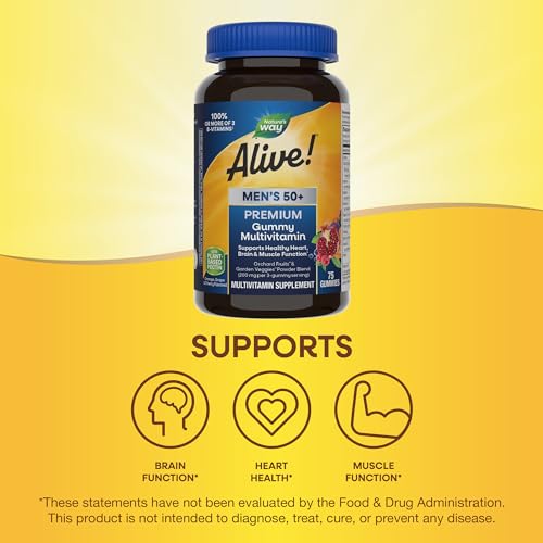 Nature’s Way Alive! Men’s 50+ Premium Gummy Multivitamin, Supports Healthy Heart, Brain & Muscel Function*, B-Vitamins, Vegetarian, Grape, Orange and Cherry Flavored, 75 Gummies (Packaging May Vary)