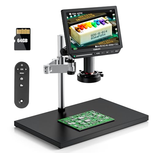 TOMLOV TM4K Flex Arm Digital Microscope 2000x, Spin Arm Soldering Microscope for Electronics Repair, 8" HDMI Coin Microscope with Ring Light, 52MP Larger Base 4K Video LCD Microscope for Adults, 64GB