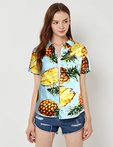 Hawaiian Shirts for Women, Tropical Shirts for Women, Pineapple Shirts for Women Short Sleeve Blouses Casual Floral (Small, Blue Red)