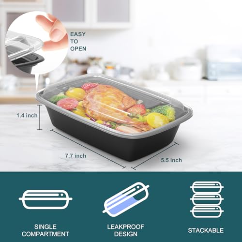 WGCC Meal Prep Containers Reusable - 50 Pack Food Storage Containers with Lids 16 oz - Disposable To Go Food Containers, BPA Free, Stackable, Microwave/Dishwasher/Freezer Safe, Black