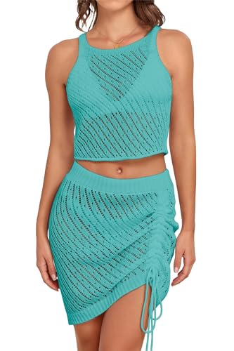 Adisputent Womens Crochet Swimsuit Cover Up 2024 Hollow Out Swim Beach Cover Ups Drawstring 2 Piece Bathing Suit Coverup Aqua Green S