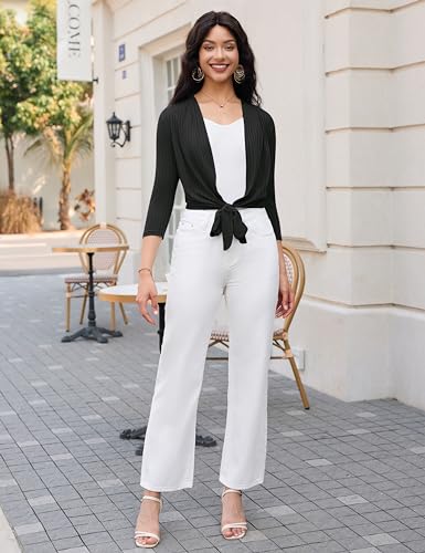 LOMON Womens Tie Front Bolero Shrug Summer 3/4 Sleeve Knit Sweater Lightweight Shawl Top Light Pink M