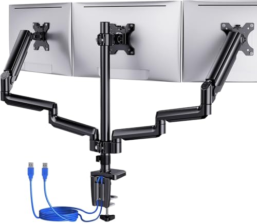 ErGear Triple Monitor Mount for 13-27 inch Screens, Gas Springcore Triple Monitor Arm with USB, Heavy Duty Triple Monitor Stand with Tilt, Swivel, Rotation, Holds Up to 17.6 lbs Each Arm