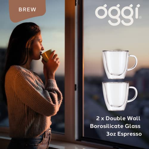 Oggi Set of 2 Double Wall Glass Espresso Cups - 3oz, Ultra Clear Borosilicate Glass Insulated Espresso Cup Set