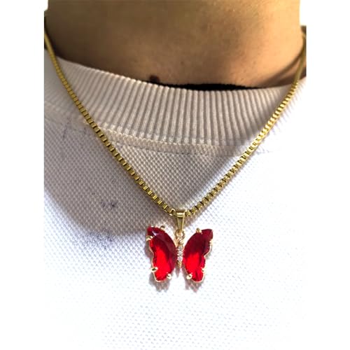 January Birthstone Necklace for Women Men Red Crystal Stone Pendant Necklace Cute Little Butterfly Necklace Birthday Jewelry Gift