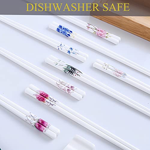 Porcelain Chopsticks and Porcelain Holder,2 Pairs Reusable Chopsticks with Delicate box, Washable and Dishwasher Safe, Ceramic Chopsticks Chinese Japanese Korean Classic Stylish(Green Bamboo)