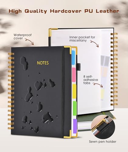 Hardcover Spiral Notebook journal with Removable Dividers Tabs, 300 Pages Leather 5 Subject Notebook College Ruled, 8"x10" Large B5 Notebooks for Work School Note taking, Lined Journal for Women,Black