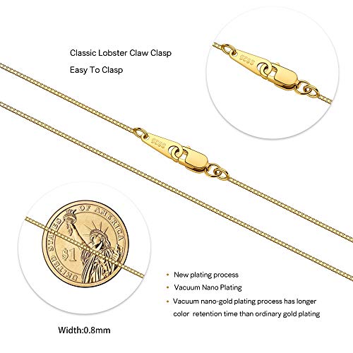 CIELTEAR 18K Gold Plated Sterling Silver Chain Necklace for Women 0.8mm Box Chain, Italian Necklace Chain, Super Strong & Thin & Long16/18/20/22/24 Inches