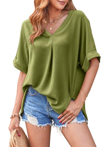 Tankaneo Women Oversized T Shirts V Neck Short Sleeve Tops Summer Casual Loose Blouse Black