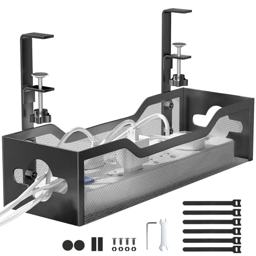 Under Desk Cable Management Tray No Drill, Metal Mesh Cable Management Under Desk with Clamp Mount, 2 Hole Cable Tray with Desk Wire Management and Desk Cord Organizer for Home Office Standing Desk
