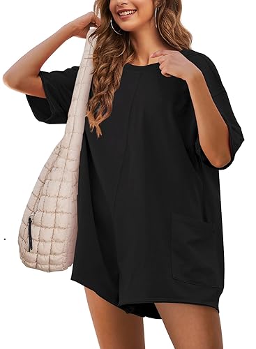 Yeokou Rompers for Women Casual Short Sleeve Oversized Athletic Workout Reversible Hot Shot Tee Romper Deep Pockets(Black-S)