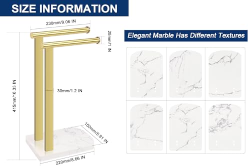 NearMoon Hand Towel Holder with Balanced Marble Base, SUS304 Stainless Steel Stand Towel Ring L Shape Hand Towel Rack Free-Standing Towel Bar for Bathroom Kitchen Countertop (Double Rod, Brushed Gold)