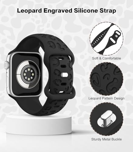 MoKo Leopard Engraved Band Compatible with Apple Watch Band 41mm 40mm 38mm 42mm 44mm 45mm 49mm Women Men Silicone,Cheetah Sport Strap Wristband for iWatch Band Series 9 8 7 6 5 4 SE Ultra 2,Black